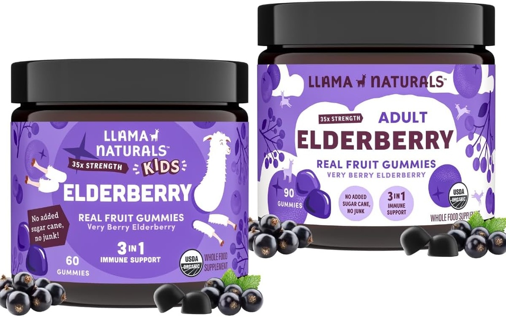 Llama Naturals Real Fruit Sambucus Elderberry Gummies for Kids & Adults TENIDO No Añadido Sugar Cane, Vegan, Organic Immune Support TEN Zinc & Natural Vitamin C ANTERIVISIÓN Plant-Based, Chewable Gummies for the Whole Fa