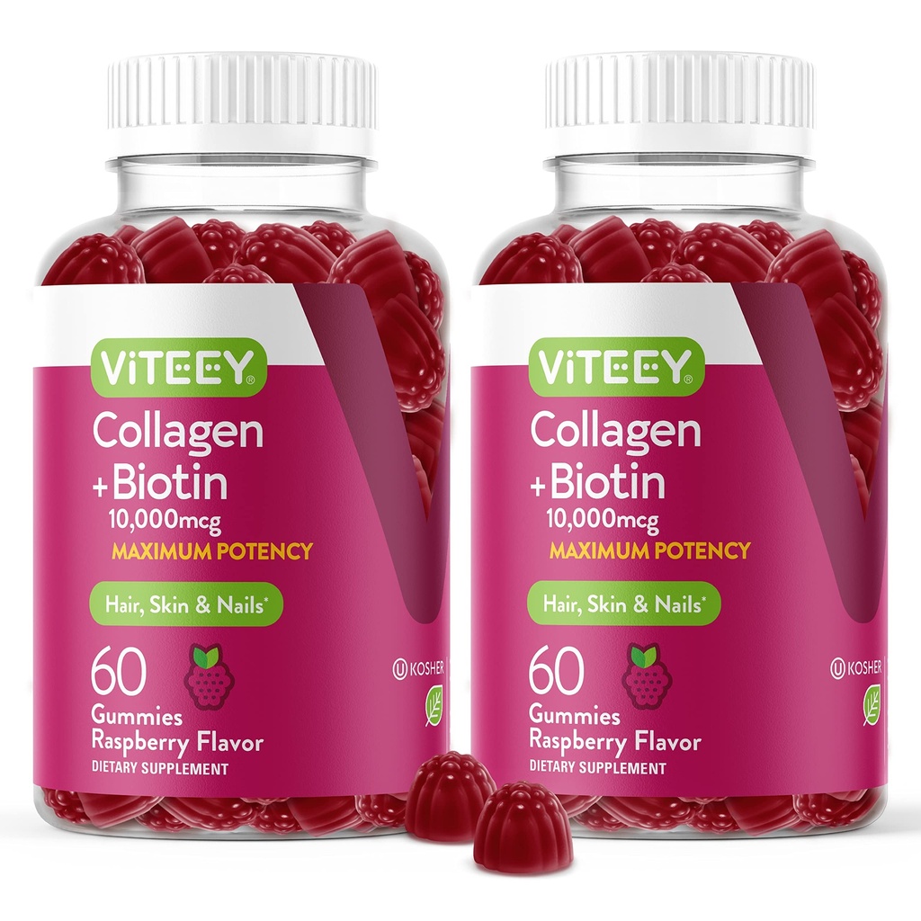 Viteey Collagen Gummies with Biotin Gummies for Hair Skin and Nails Vitaminas - Biotina y Collagen Suplementos para Hombres Mujer - Vegan, Gluten-Free – 120 Con