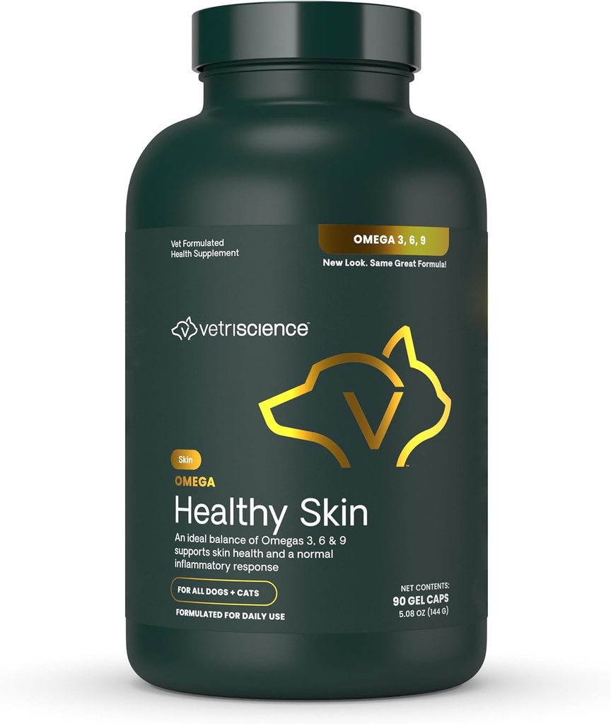 VetriScience Omega Healthy Skin Capsules, Omega 3.6.9 Fish Oil Suplemento para perros y gatos, Skin Health, Coat Growth, Reduce la cama, Más de 750 mg Omega Fatty Acids por cápsula, Gel Caps, 90 Cuenta