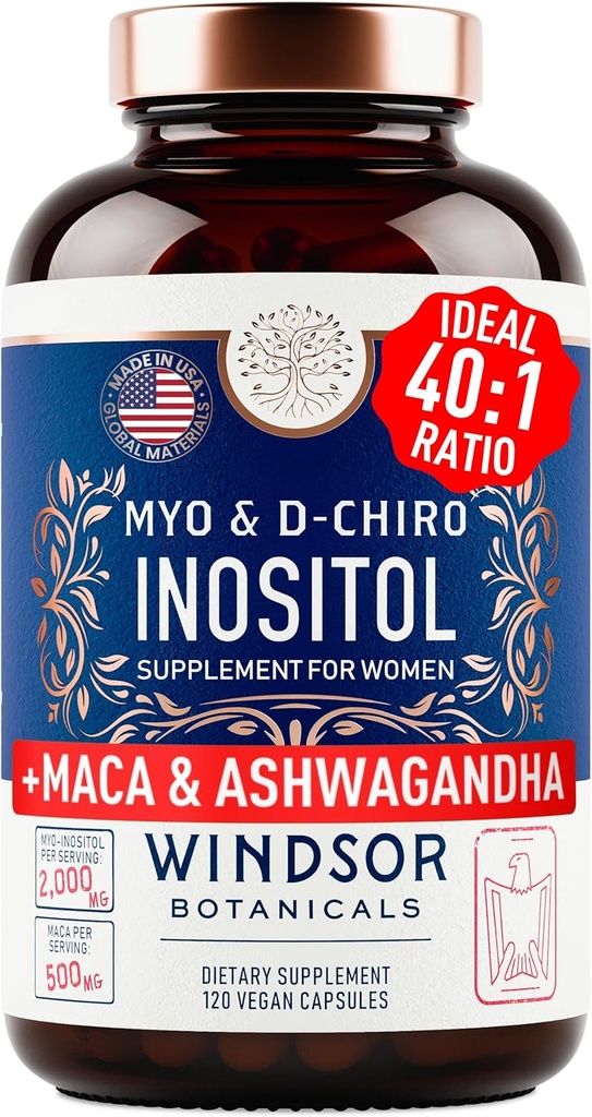 Myo y D-Chiro Inositol Suplemento 40:1 Ratio - 2,000 mg Myo-Inositol más Maca Root " Calming Ashwagandha - Apoyo saludable a las vitaminas y suplementos de fertilidad para las mujeres - 120 cápsulas vegas
