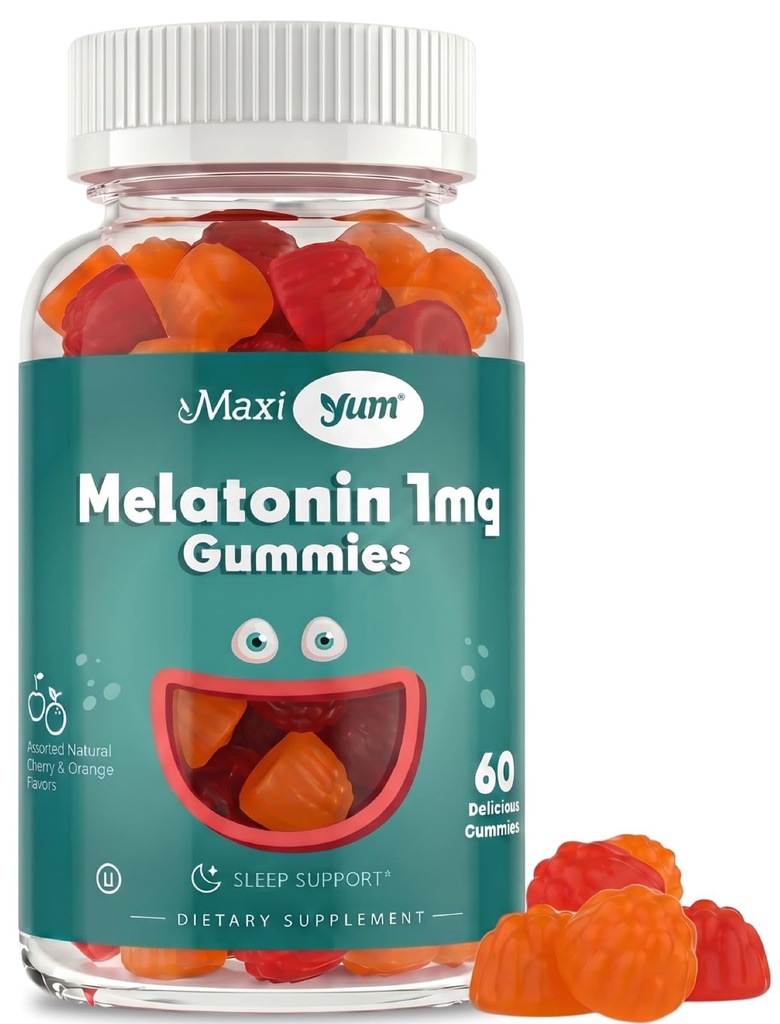 Maxi Health 1mg Melatonin Gummies – Kids Melatonin Chewables with Natural Cherry &amp; Orange Flavor – Adulto y Baby Sleep Ayuda Suplemento para apoyar las noches relajantes (60 Cuenta)
