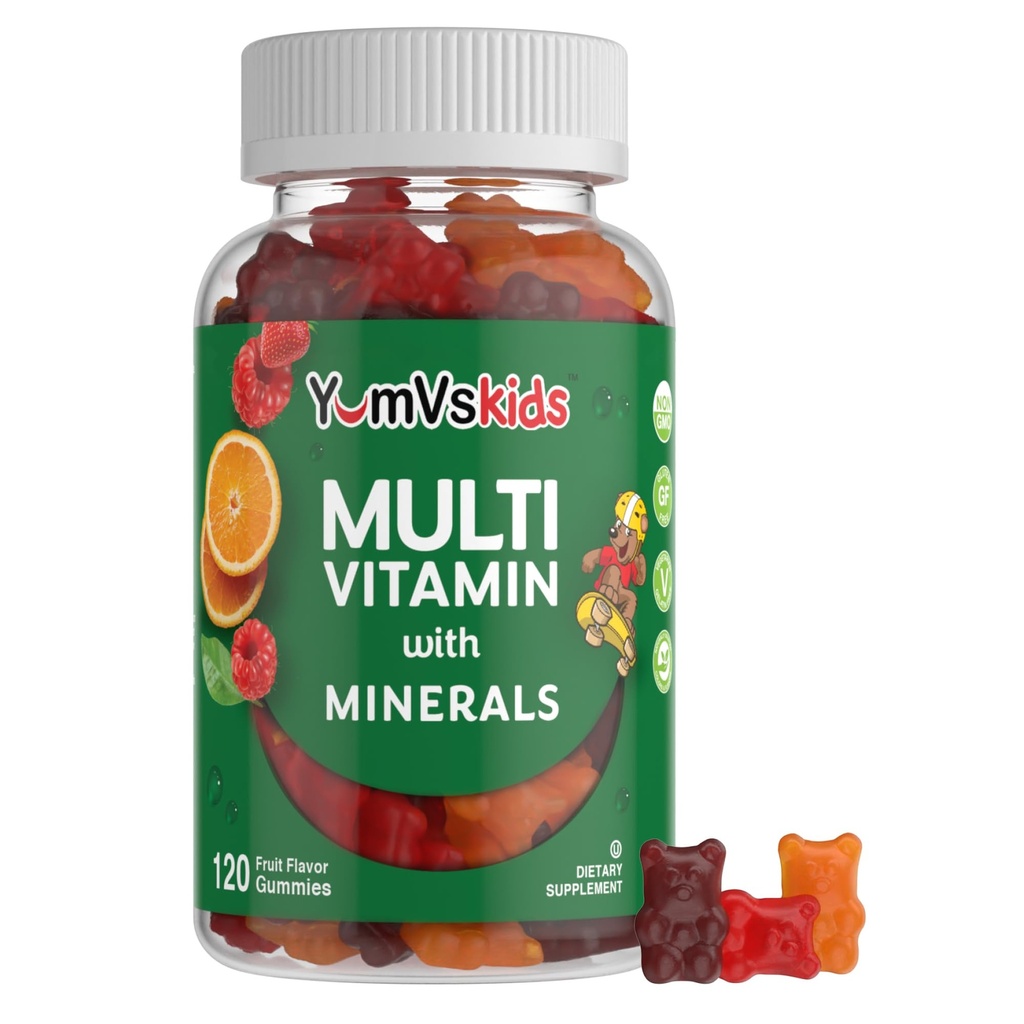 YumVs Kids Multivitamin Gummies - Fruit Flavored Chewable Children's Multivitamin - Kids Vitamins Multivitamin Gummy con 12 Minerales & Vitaminas A C D3 E B6 B12 (120 Cuenta (Pack of 1))