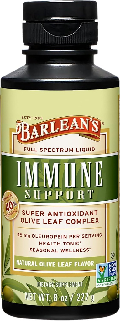 Complejo de sorda de oliva de Barlean Suplemento de apoyo líquido, Antioxidantes de oeuropea de 95 mg, 8 oz
