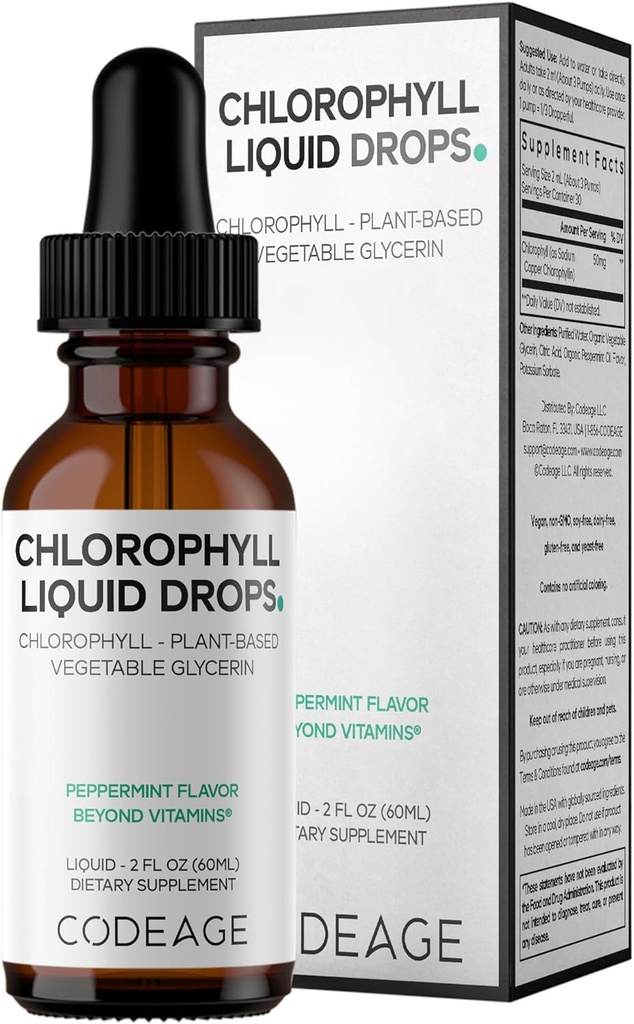 Codeage Chlorophyll Liquid Drops Supplement - Vegan Chlorophyll 50 mg por Serving, Organic Peppermint Flavor Clorofila Drink - Non-GMO, Gluten-Free, Vegan - 2 fl oz
