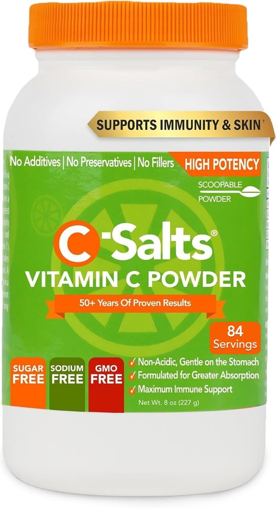 C-Salts Buffered Vitamin C Powder - Pure Organic, Stomach Friendly Ascorbic Acid VIT C Drink for Daily Immune Support & Collagen Production - Vegan Non GMO Sugar Free - 84 Servings Original, 8oz