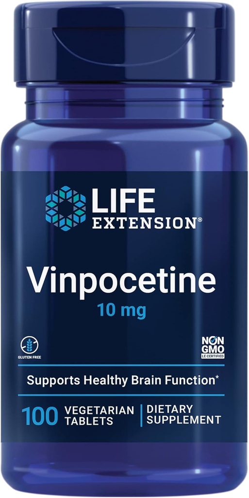 Extensión de vida Vinpocetina, derivada de Periwinkle Plant, Concentration and Memory, Gluten-Free, Non-GMO, Vegetarian, 100 Tablets