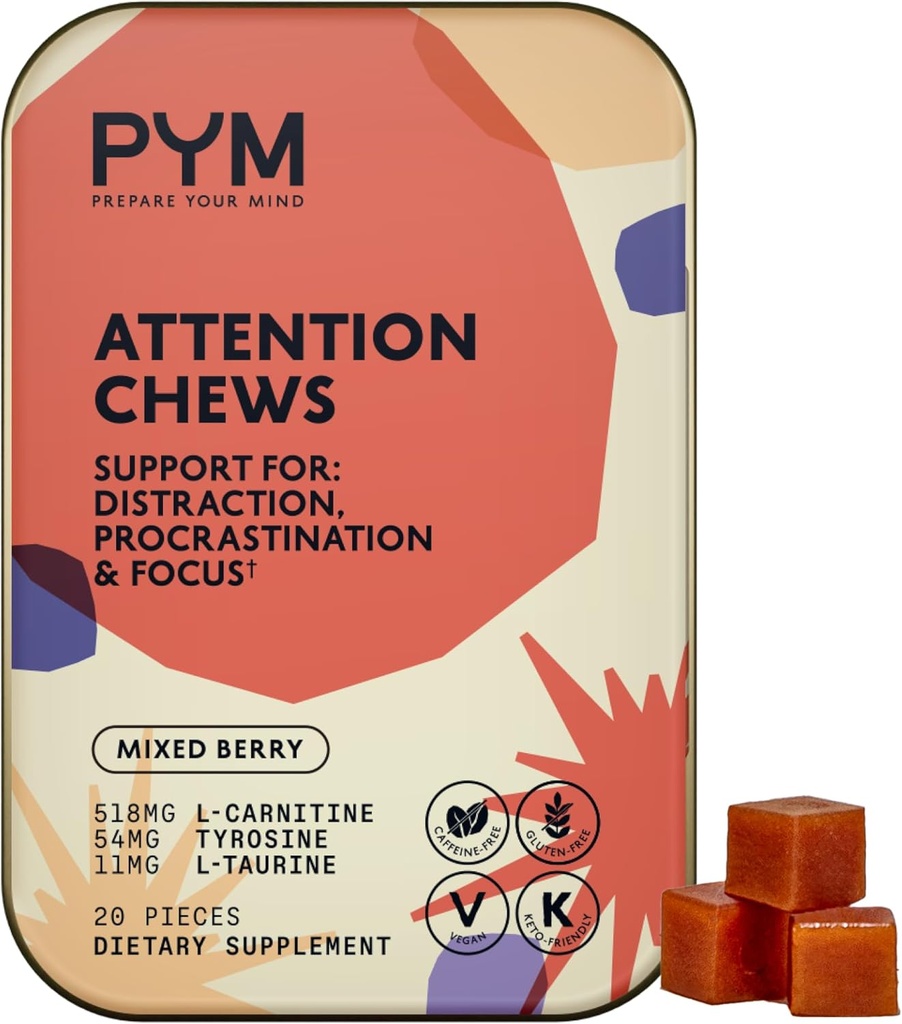 PYM Atención de cerdas Apoyo para la Procrastinación, Focus & Productividad, 20 Conde TEN 518mg L-Carnitine, 54mg Tyrosine, 11mg L-Taurine, Caffeine-Free TEN All-Natural Mood Boost Supplement Made in USA