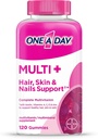 UNA DÍA Multi+ Peluquería, Piel &amp; Nails, Multivitamin + Boost de Soporte para el cabello saludable, Piel &amp; uñas con biotina y vitaminas A, C, E & Zinc ,Gummy 120 Conde (2 Mes de Suministro)
