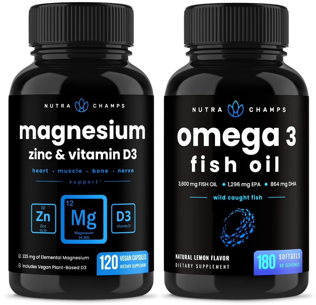 NutraChamps Magnesium Zinc &amp; Vitamina D3 Capsules y Omega 3 Fish Oil Capsules 2 Pack Bundle