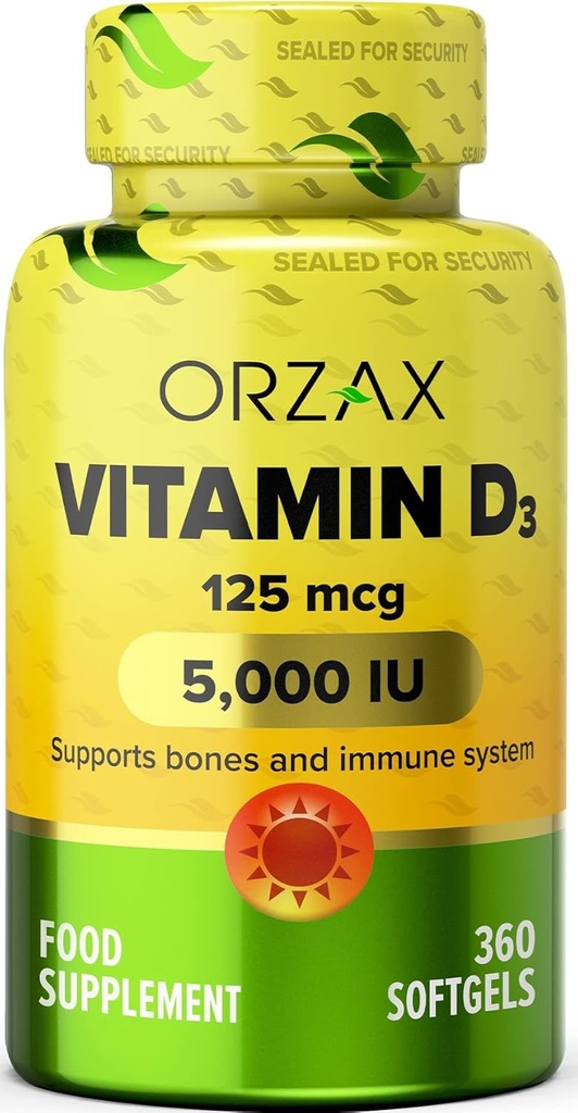 ORZAX Vitamina D3 5000 iu (125 mcg) – Non-GMO, Gluten Free, Sugar Free, Dairy Free – 1 año de suministro para la función del músculo fuerte & Immune Support – Mood Suplemento para el bienestar (360 Softgel)