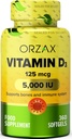 ORZAX Vitamina D3 5000 iu (125 mcg) – Non-GMO, Gluten Free, Sugar Free, Dairy Free – 1 año de suministro para la función del músculo fuerte & Immune Support – Mood Suplemento para el bienestar (360 Softgel)