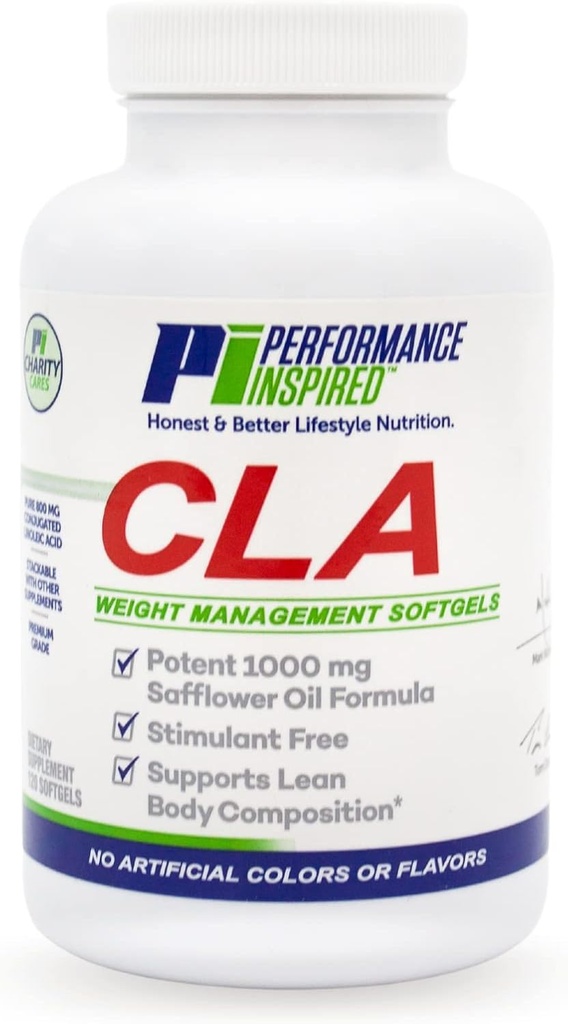 PERFORMANCE INSPIRED Nutrition CLA Softgels – Aceite de girasol de 1000 mg – Libre de estimulantes – apoya la composición del cuerpo magro – 120 cuenta