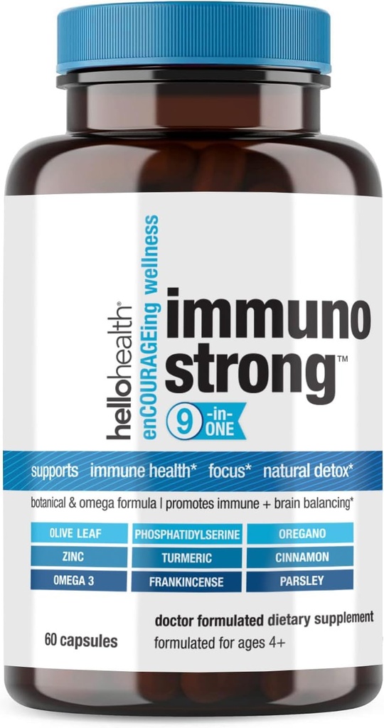 [BRSW2BQOOAOWY3D5] Soporte diario Inmunitario Suplemento Inmunostrong 10-en-1 Vitaminas de Inmunidad con orégano de Booster Inmuno, Hoja de Oliva, Antioxidante calmante Omega 3, Curcumina Turmérica & vitaminas de zinc para adultos & niños -60 ct
