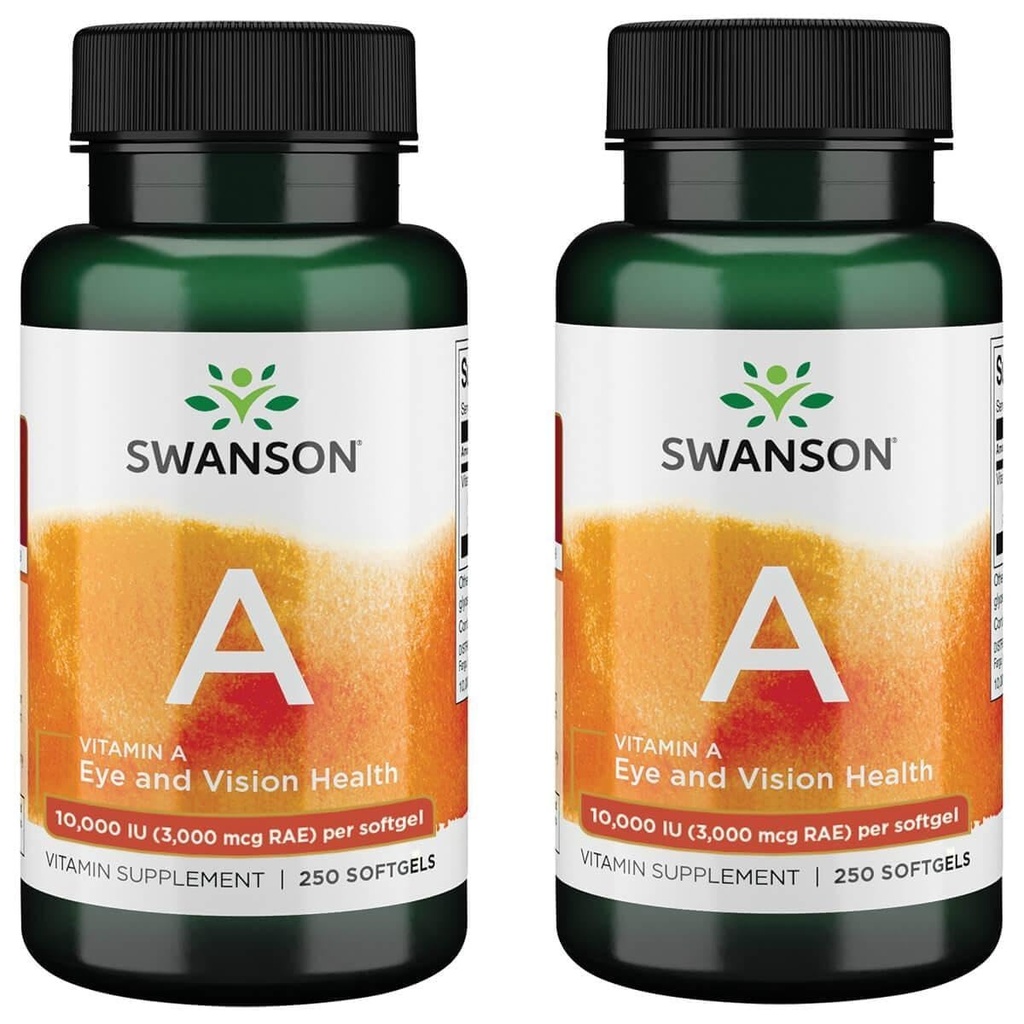 Swanson Vitamina A 10,000 UI (3.000 mcg RAE) Nourishment natural para el hueso, la salud de la piel, el soporte de visión " Función del sistema inmunológico - alta absorción Vitamina A 250 Softgels (2 Pack)