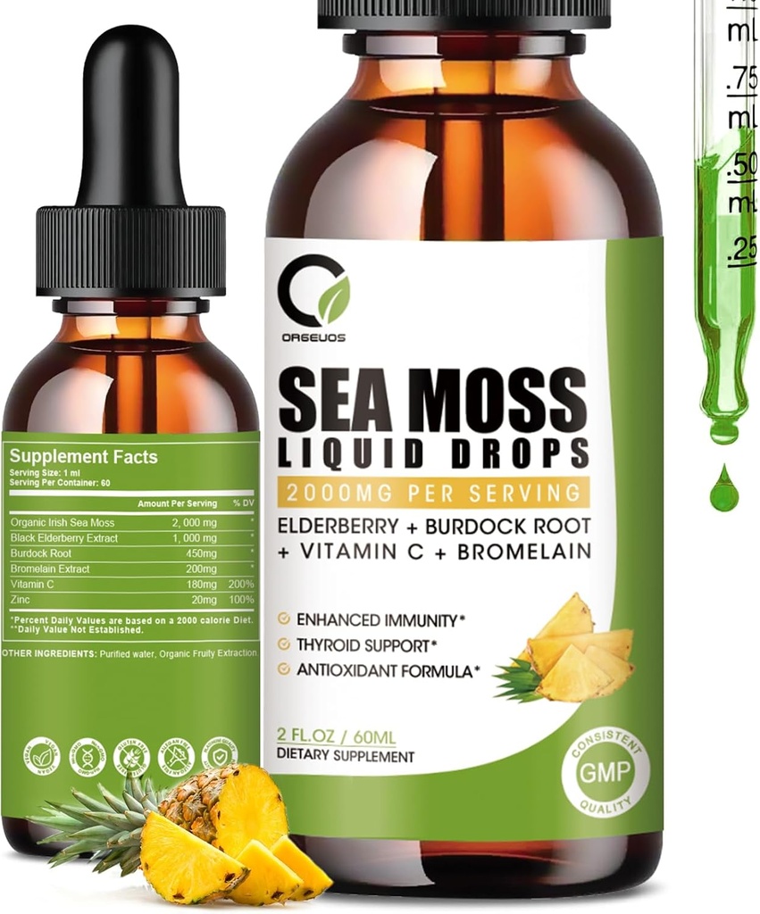 Sea Moss Drops 2000mg, Irish Sea Moss Supplement Supports Immunity, with Black Elderberry, Burdock Root, Bromelain, Vitamin C & Zinc, 2 Fl.Oz, Pineapple Flavor
