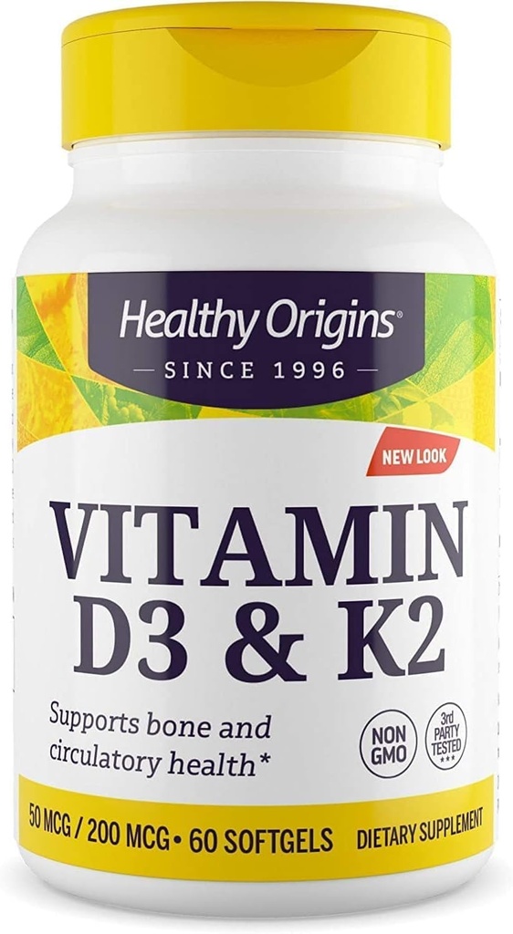 Origen sano Vitamina D3 & K2 - Vitamina D3, 50 mcg - Vitamina K2, 200 mcg - Fácilmente Absorbable Suplementos de vitamina D y vitamina K - Suplementos sin gluten - 60 Softgels