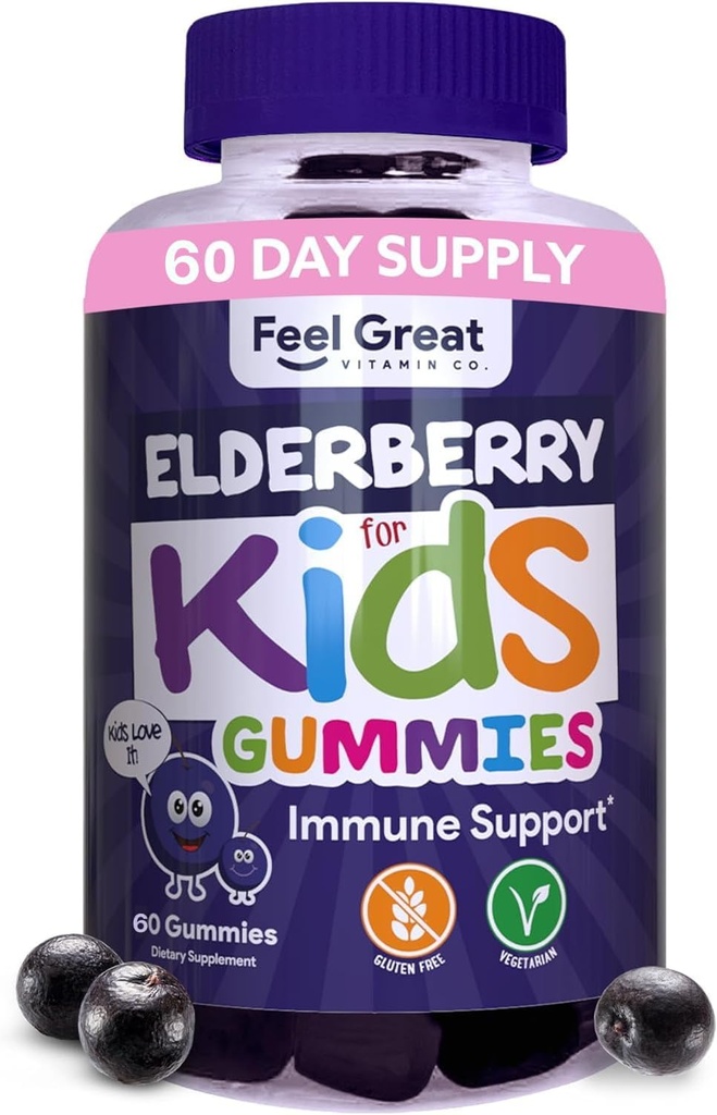 Feel Great Kids Elderberry Gummies with Zinc and Vitamin C ← Immune Support Sambucus Elderberry ← Berry Flavored Vegan Kids Multivitamins ← 60 Day Supply