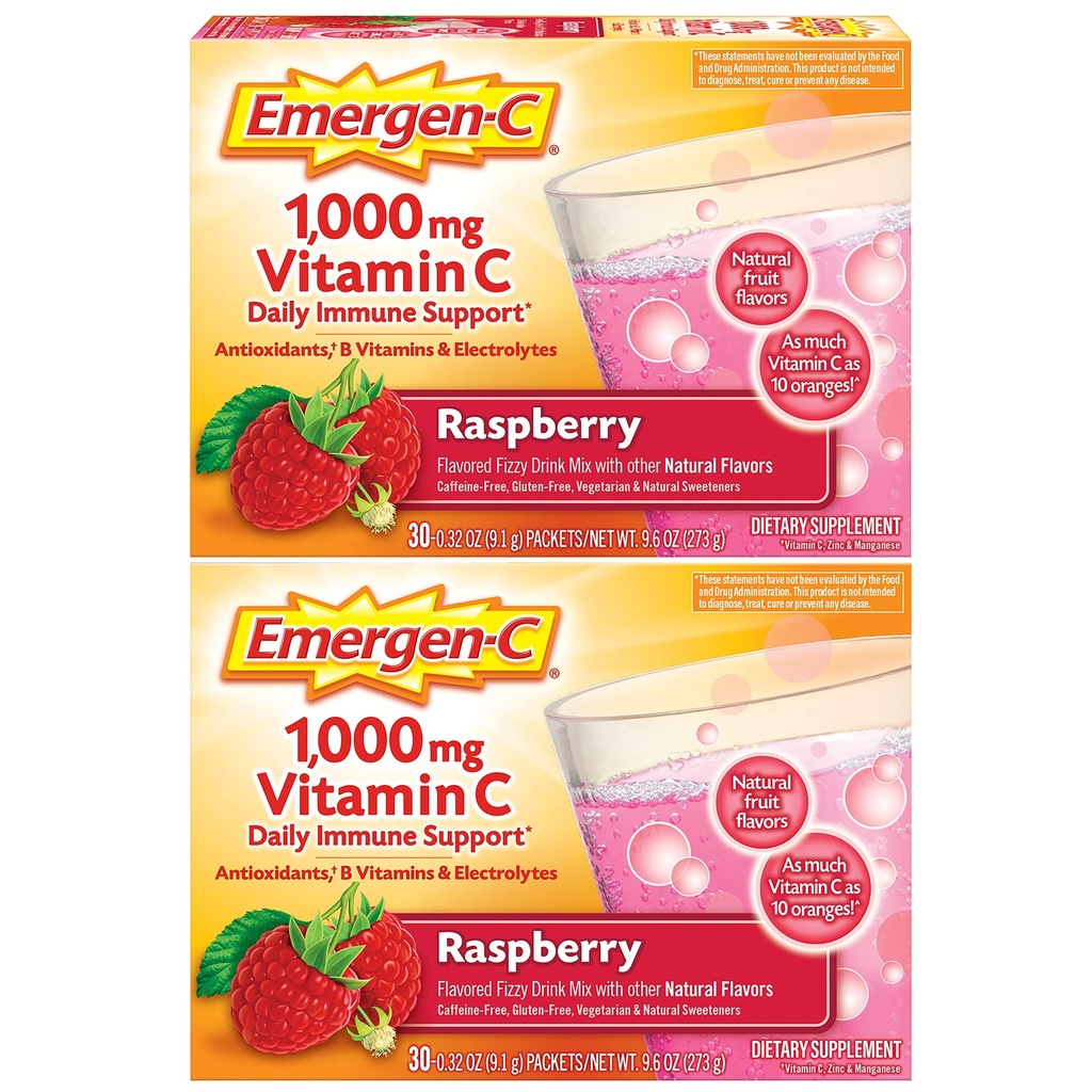 Emergen-C 1000mg Vitamina C Powder, con Antioxidantes, vitaminas B y electrolitos, suplementos de vitamina C para soporte inmunitario, mezcla de bebidas sin cafeína, sabor a frambuesa - 60 Conteo/2 Mes