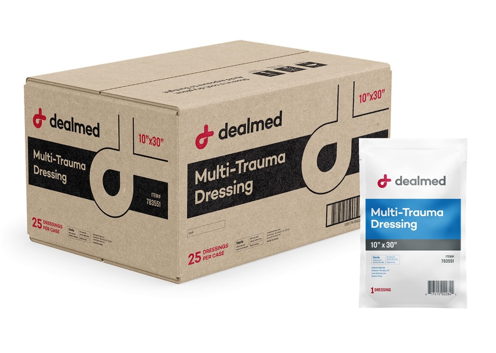 Dealmed Multi-Trauma Dressing - 10" x 30" Sterile Emergency Pad - 25 Count | Moisture Resistant Barrier, Individually Wrapped, For Burns Lacerations Fractures, Whole Body Use, Emergency First Aid
