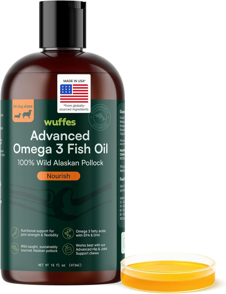 Wuffes Advanced Omega 3 Fish Oil for Dogs, Natural EPA & DHA Fatty Acids, Supports Healthy Skin and Coat, Joint Nutrition, Digestion & Immune System - 100% Puro Wild Alaskan Fish Oil, 16 Oz