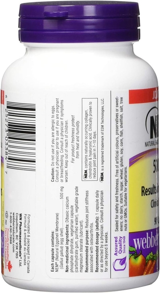 Webber Naturals NEM Natural Eggshell Membrane 500mg, 90 cápsulas