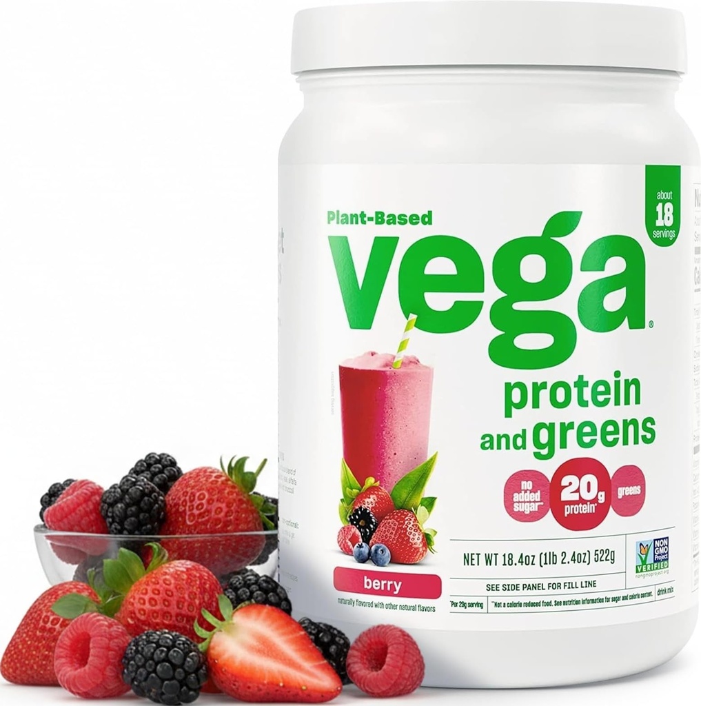 Vega Protein y Verdes Protein Powder, Berry - 20g Planta base Protein Plus Veggies, Vegan, No GMO, Pea Protein para Mujeres y Hombres, 1.2 libras (Packaging May Vary)