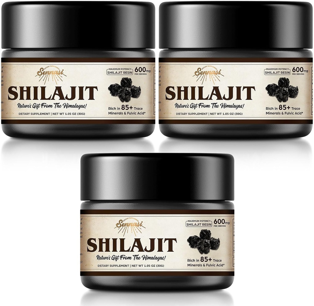 Shilajit Puro Himalayan Orgánica Shilajit Resin - 600mg Potencia Máxima Potencia Natural Shilajit Resin con 85+ Minerales Trace & Ácido Fulvico para la Energía, Apoyo Inmunitario, 30 Gramos (3 Pack)