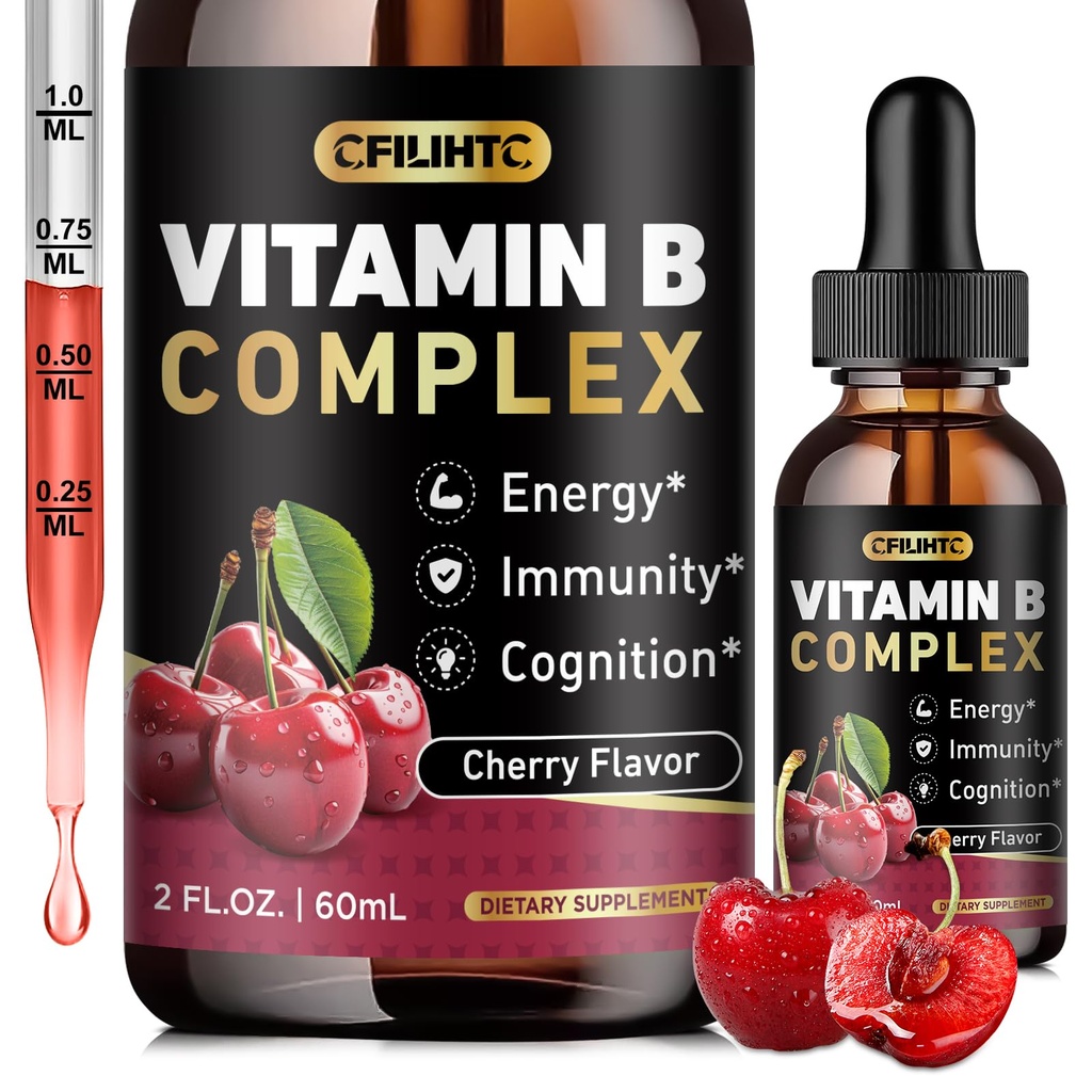Vitamina B Complejo gotas líquidos, B Vitaminas Suplemento Complejo con B1, B2, B3, B5 B6, B7, B9 &amp; Metil B12 gotas para adultos &amp; niños, Vegan, Cherry Flavor