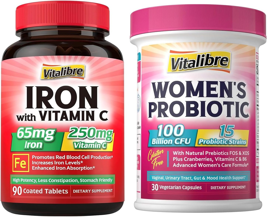 Probióticos para mujeres 100 millones de millones CFU 15 Strains & Iron Suplemento 65 mg con vitamina C 90 Tablets