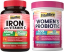 Probióticos para mujeres 100 millones de millones CFU 15 Strains & Iron Suplemento 65 mg con vitamina C 90 Tablets