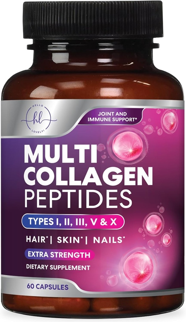 [BRSWGCADCAJRYDTP] Multi Collagen Peptides Suplemento - Hidrolyzed Tipos I, II, III, V & X Multi Collagen Pills, Hidrolyzed Collagen Peptides Suplementos, Pelo, Piel, Nail y Soporte Conjunto, 60 cápsulas