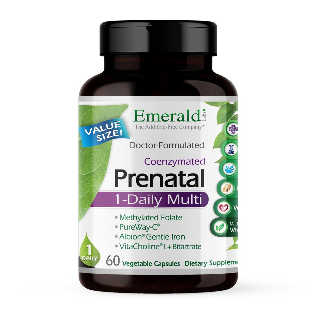 EMERALD LABS Prenatal 1-Daily Multi - Prenatal Multivitamin with Methylated Folate, Iron, Whole-Food Blend &amp; More - Soy-Free, Gluten-Free - 60 cápsulas vegetales