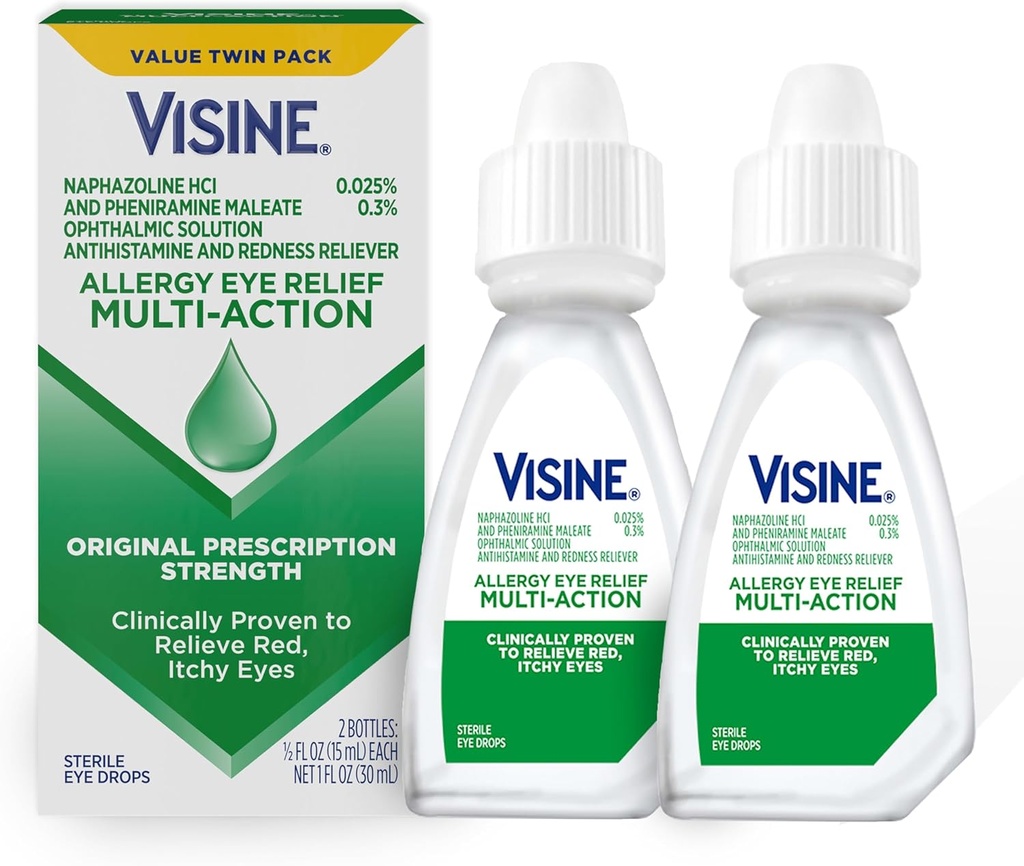 Visine Alergy Eye Relief Multi-Action Antihistamine & Redness Reliever Eye Drops with Pheniramine Maleate & Naphazoline HCl, Tratamiento de gota de ojos para rojo, picazón, ojos de alergia, 0,5 fl. oz, 2 Pack