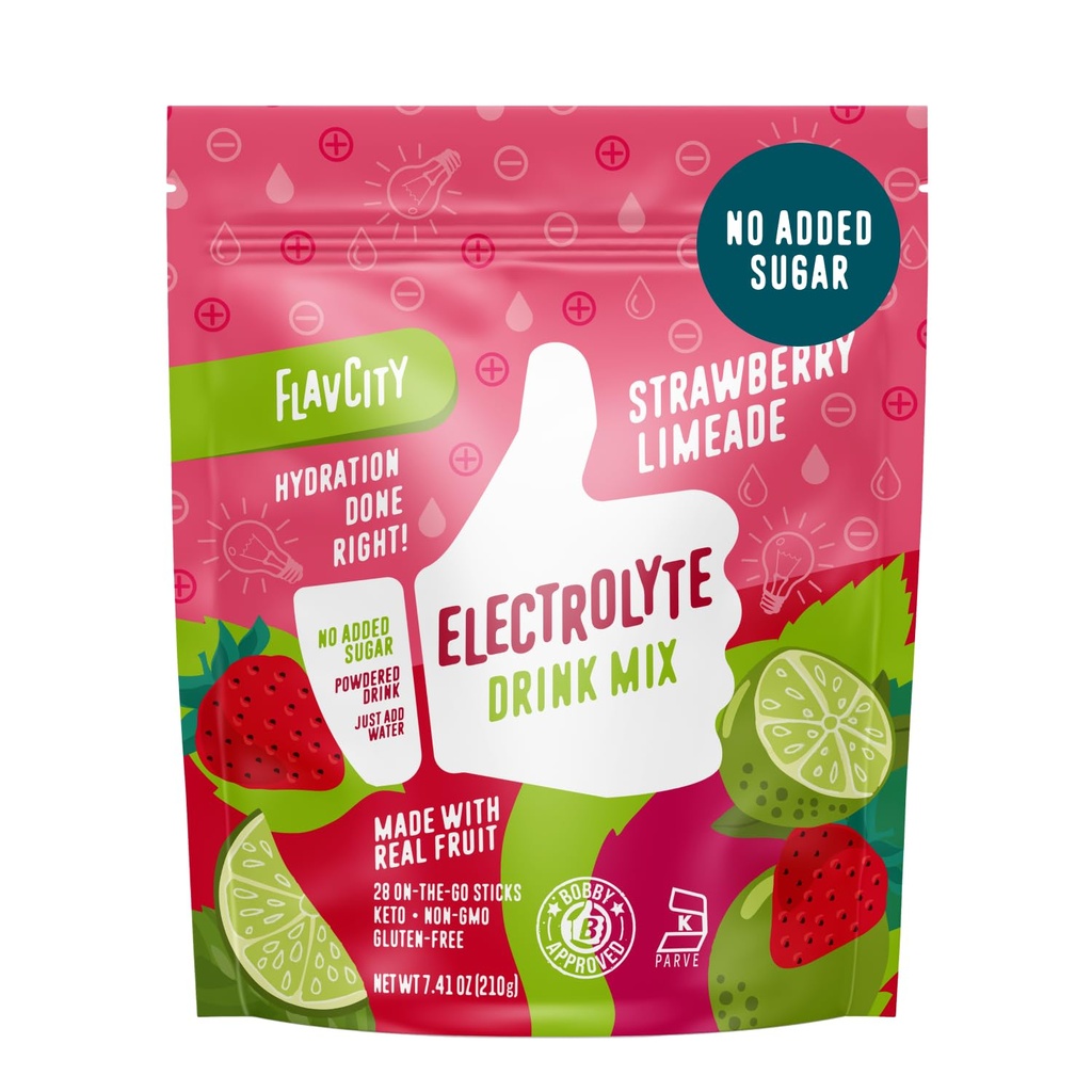 FlavCity Strawberry Limeade Electrolytes Powder Packets - 28 Hydration Packets - No hay azúcar añadido - Polvo hidratante con fruta real & sin refinar Salta de mar - Keto & Gluten-Free (28 Stick Packs)