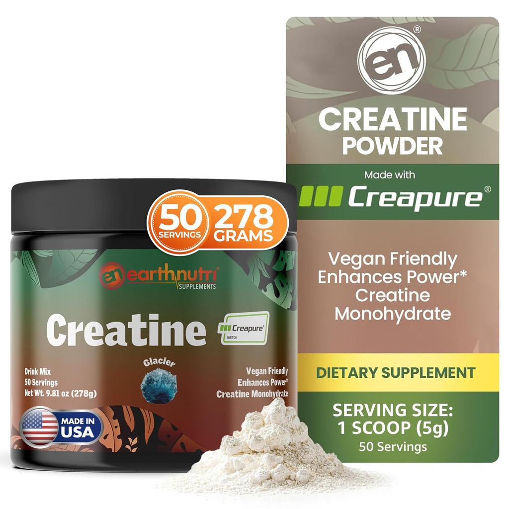 EarthNutri Creatine Monohydrate Powder - Pura Creatina Suplemento para la fuerza muscular, fuerza y rendimiento - No GMO, libre de azúcar, libre de aditivos - para hombres &amp; mujeres, saboreado 250g