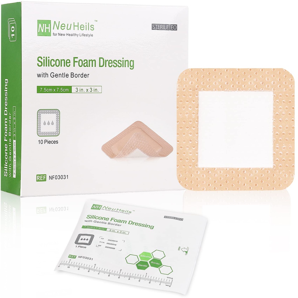 NeuHeils Silicone Foam Dressing with Border 3"x3", 10 Pack for Bed Sores