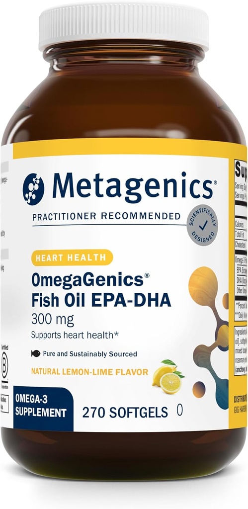 Metagenics OmegaGenics Fish Oil EPA-DHA 300-180 mg EPA & 120 mg DHA per Softgel - Apoya el corazón, el cerebro, el ojo, la salud conjunta* - No GMO, libre de gluten - GMP instalación certificada - 270 Softgels
