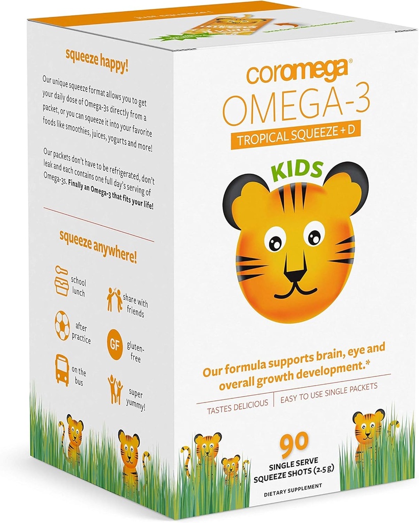 Coromega Kids Omega 3 Fish Oil Suplemento, 650 mg de Omega-3, Tropical Orange + Vitamina D, 90 Single Serve Squeeze Packets