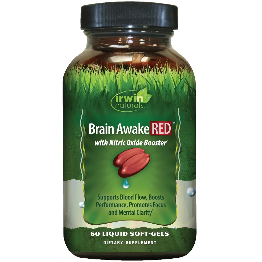 Irwin Naturals Brain Awake RED con Nitric Oxide Booster - 60 Liquid Soft-Gel - Soporte Brain Health & Optimize Performance - 20 Total Servings