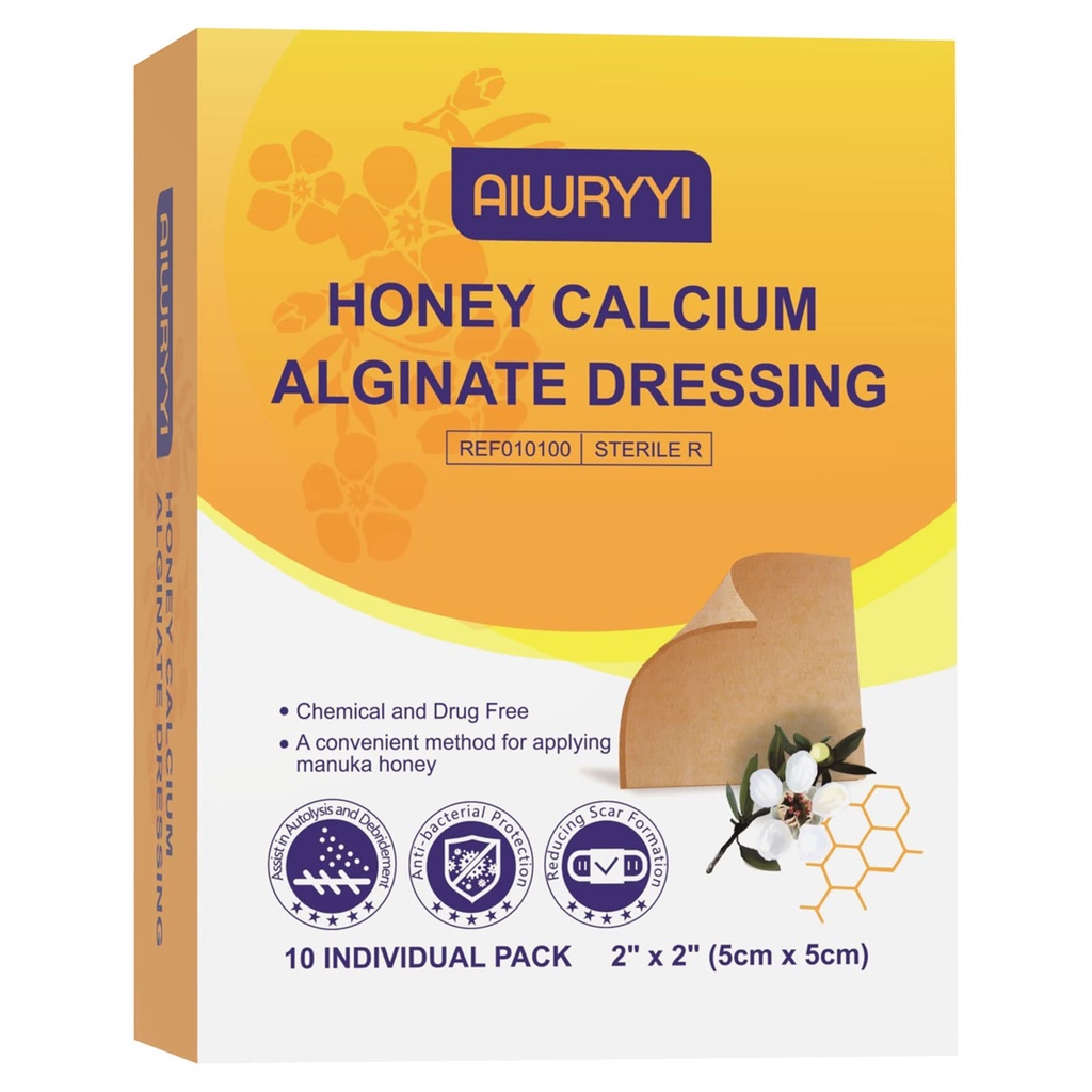 [Pack of 10] Honey Calcium Alginate Dressing 2”x2”, Honey Wound Patches with Calcium, Fast Healing Honey Pads for Bedsores, Surgical Wound, Diabetic Foot Ulcers, Burns and Skin Tears