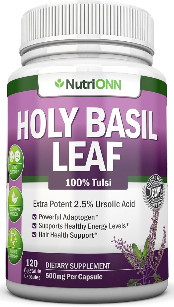 Hoja Santa Basil Capsules - 500mg - 2.5% Ácido Ursolico - 120 cápsulas Vegan - Suplemento del Extracto Real de Tulsi - Mindset Positivo - Herb Ayurvédica