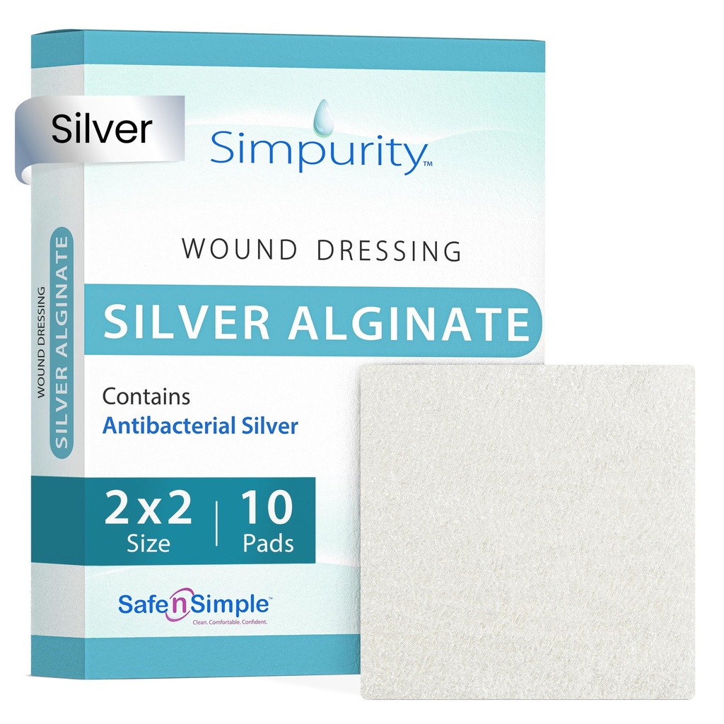 Silver Calcium Alginate Wound Dressing - Simpurity - 2"x 2" Individual Thick Pads - Dressing for Wound Care - Sterile Calcium Alginate Pads with Silver - Safe n' Simple Wound Care Products
