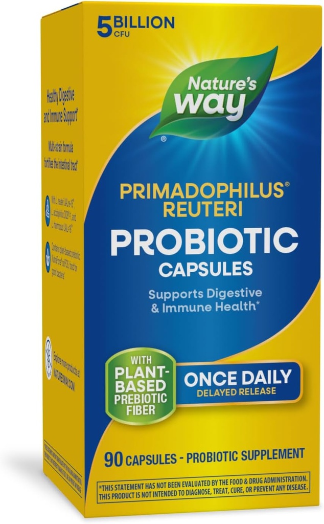 Camino de la Naturaleza Primadophilus Reuteri Probiótico, apoya la salud digestiva*, 5 culturas vivas de billón, 90 cápsulas (paquete mayo Vary)