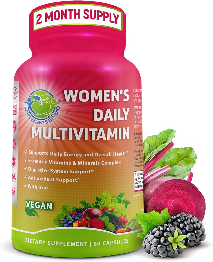 Multivitaminas diarias de mujeres con hierro - Multivitamina metilada vegana para mujeres con biotina, Superalimentos orgánicos, Probióticos, B-Complex - Energía, Gut & Asistencia sanitaria óptima – Fácil de absorber cápsulas