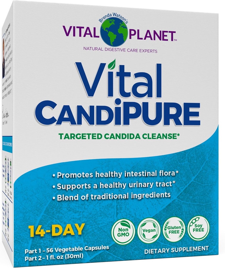 Vital Planet - Vital CandiPURE Limpieza intestinal Formulada para mantener un equilibrio intestinal saludable, 2-Part - 14 Day Kit, 56 cápsulas y 1fl oz Liquid Herbal Extract