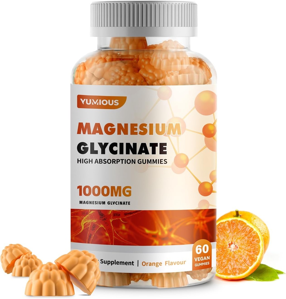 Magnesium Glycinate Gummies 1000mg - para adultos Magnesium Potassium Suplemento con vitamina D, B6, CoQ10 para calma Mood & Sleep Support - 60 Orange Gummies -1 Pack