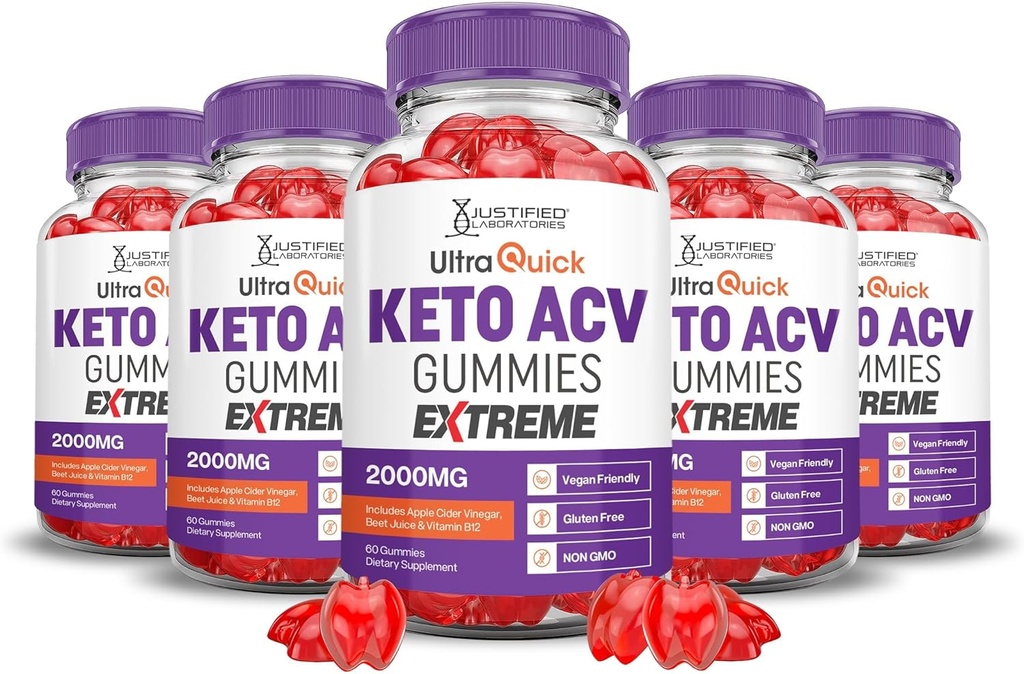 Laboratorios Justificados (5 Pack Ultra Quick Keto ACV Gummies Extreme 2000MG Ultraquick Keto Gummies Apple Vinagre de sidra Formulado con Pomegranate Beet Juice Powder B12 Vegan Non GMO 300 Gummys