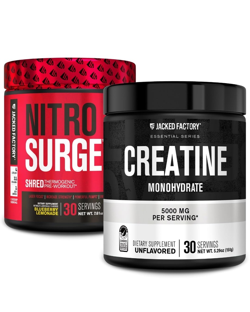 Jacked Factory NITROSURGE Shred Pre Workout Supplement (Blueberry Lemonade, 30 Servings) & Creatine Monohydrate Powder (Unflavored, 30 Servings)