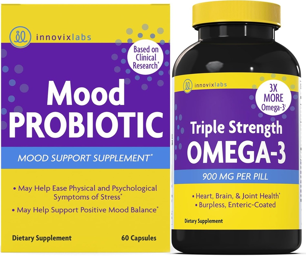 InnovixLabs Mood Probiotic & Triple Omega Bundle Mood Probiótico (60 cápsulas) Triple fuerza Omega-3 aceite de pescado (200 Softgel). Apoya Cerebro, Juntas y Salud Inmunitaria*