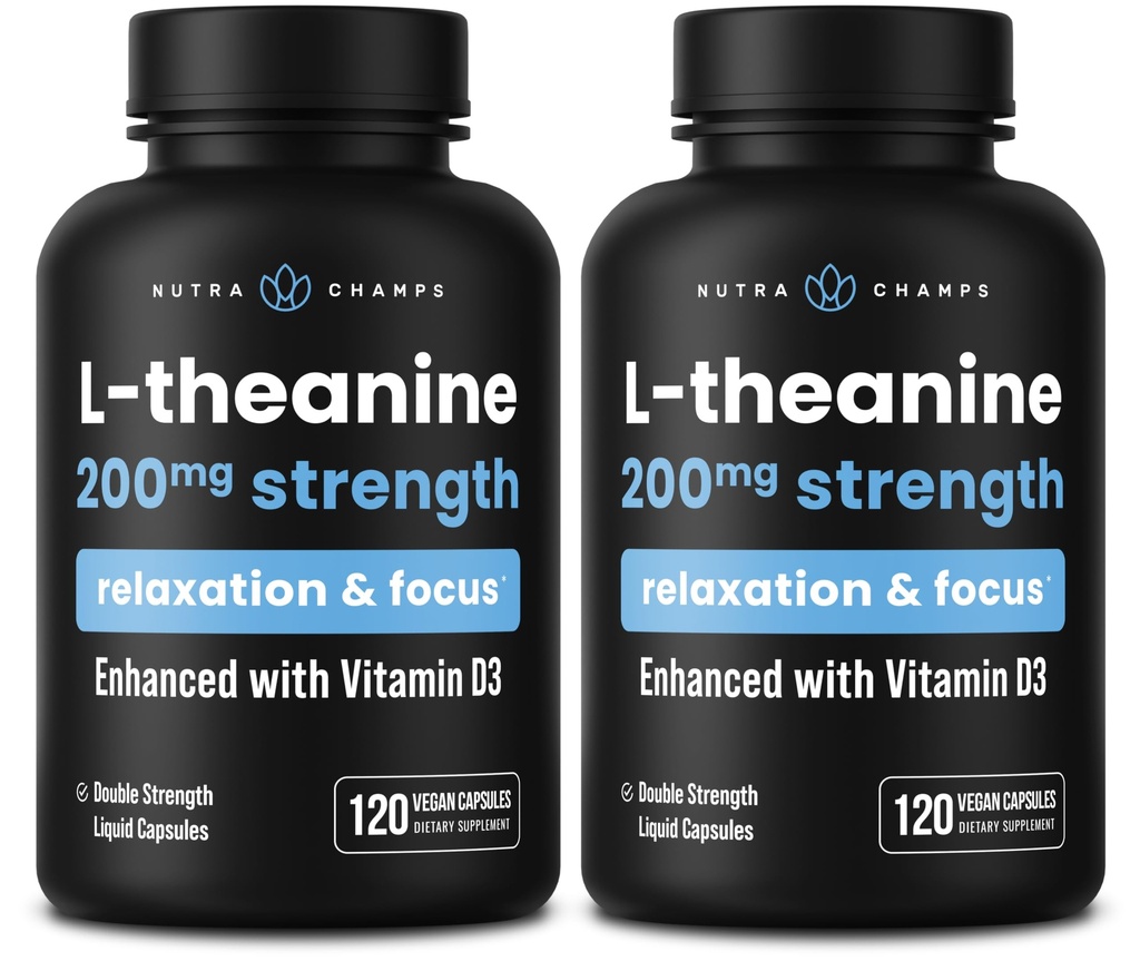 NutraChamps L-Theanine 200mg Capsules, Double-Strength L-Theanine Liquid with Vitamin D3, Organic Coconut Oil, 120 Vegan Capsules (Pack of 2)
